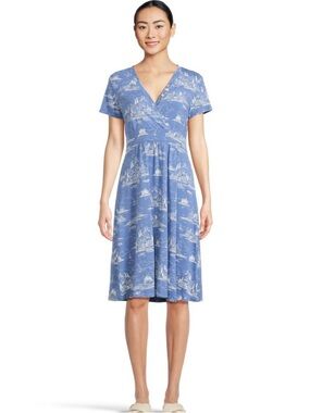 L.L. Bean Summer Knit Blue Scenic Print  Dress Short Sleeves XL